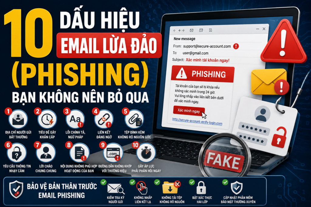 10 dấu hiệu email lừa đảo (phishing) giúp nhận biết email giả mạo, phát hiện liên kết độc hại và bảo vệ tài khoản cùng thông tin cá nhân trước các cuộc tấn công trực tuyến.
