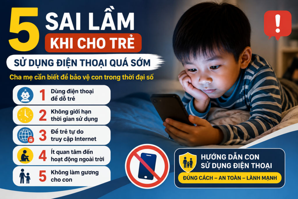 Trẻ em sử dụng điện thoại thông minh quá sớm và những sai lầm phổ biến của phụ huynh trong việc quản lý thời gian sử dụng thiết bị.