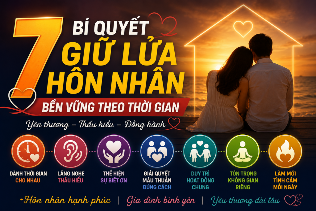 7 bí quyết giữ lửa hôn nhân giúp xây dựng hạnh phúc gia đình và duy trì tình yêu bền vững theo thời gian.