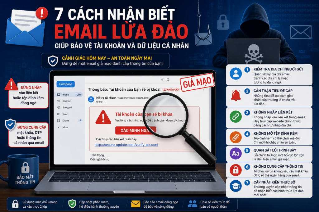 7 cách nhận biết email lừa đảo giúp phòng tránh lừa đảo trực tuyến, bảo vệ tài khoản, bảo mật thông tin và nâng cao an toàn số.