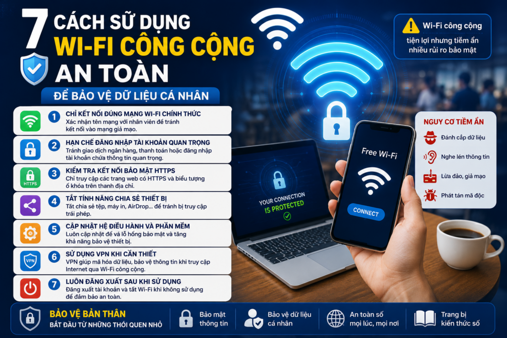 7 cách sử dụng Wi-Fi công cộng an toàn giúp bảo vệ dữ liệu cá nhân, bảo mật thông tin và nâng cao an toàn số.