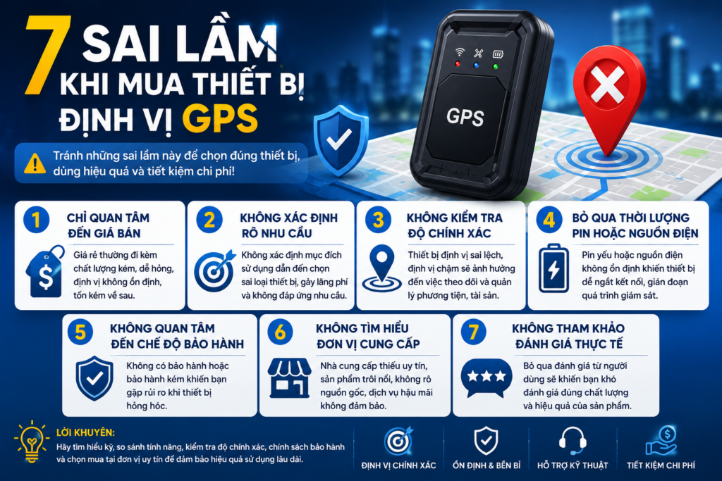 Hình minh họa 7 sai lầm khi mua thiết bị định vị GPS, giúp người dùng lựa chọn thiết bị GPS phù hợp, chính hãng và đáp ứng đúng nhu cầu sử dụng.