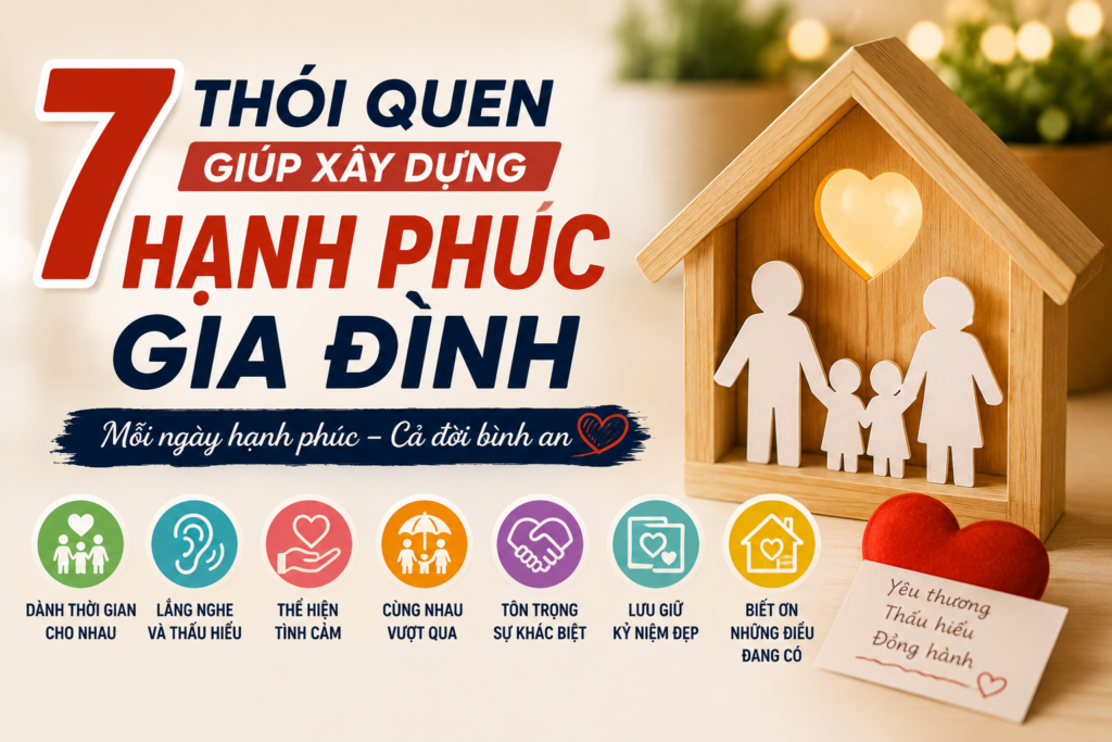 7 thói quen giúp xây dựng hạnh phúc gia đình bền vững thông qua yêu thương, thấu hiểu và gắn kết mỗi ngày.