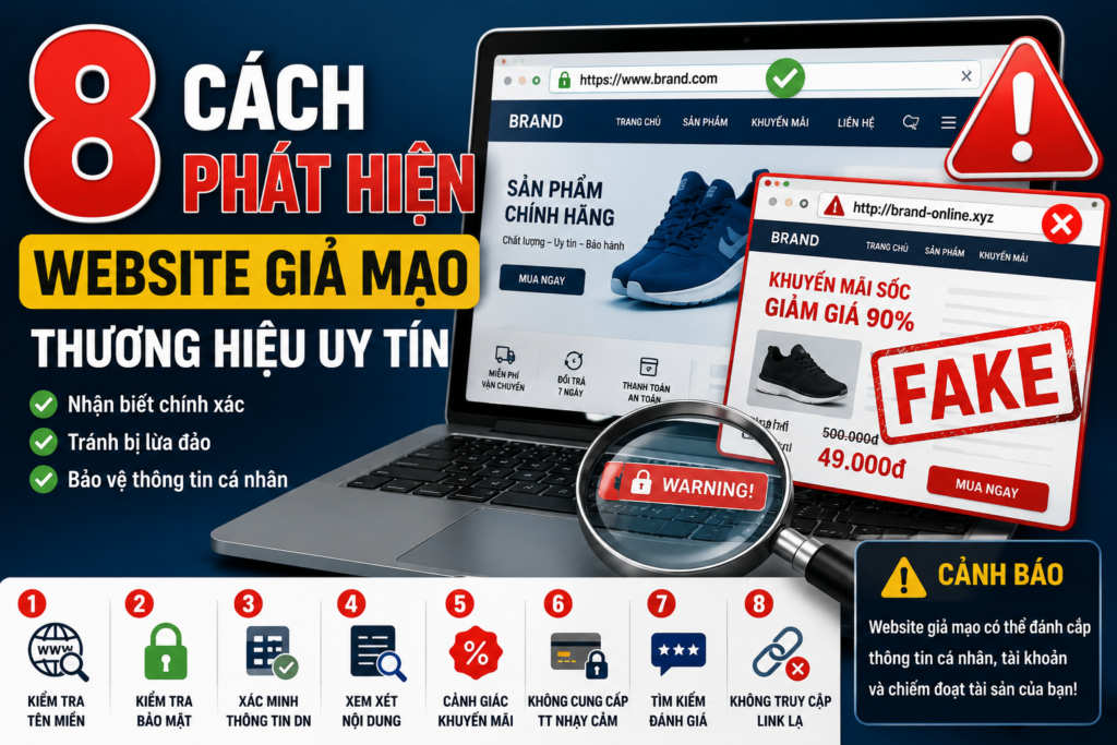 8 cách phát hiện website giả mạo thương hiệu uy tín giúp nhận biết website lừa đảo, kiểm tra tên miền và bảo vệ thông tin cá nhân khi truy cập Internet.