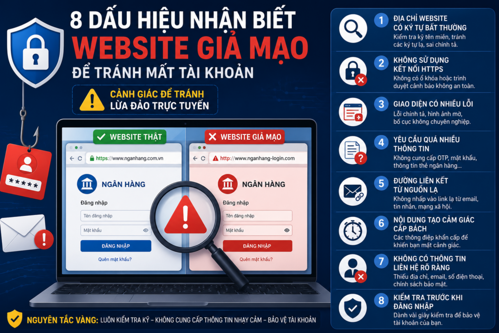 8 dấu hiệu nhận biết website giả mạo giúp phòng tránh lừa đảo trực tuyến, bảo vệ tài khoản và nâng cao an toàn số.
