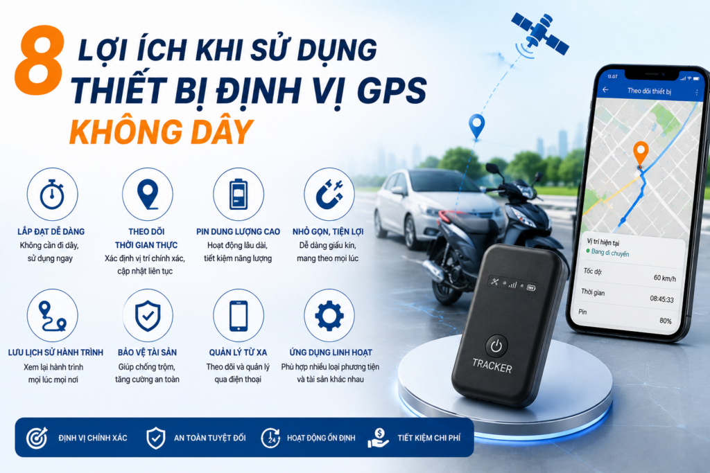8 lợi ích của thiết bị định vị GPS không dây giúp theo dõi vị trí theo thời gian thực, quản lý hành trình và bảo vệ tài sản hiệu quả.