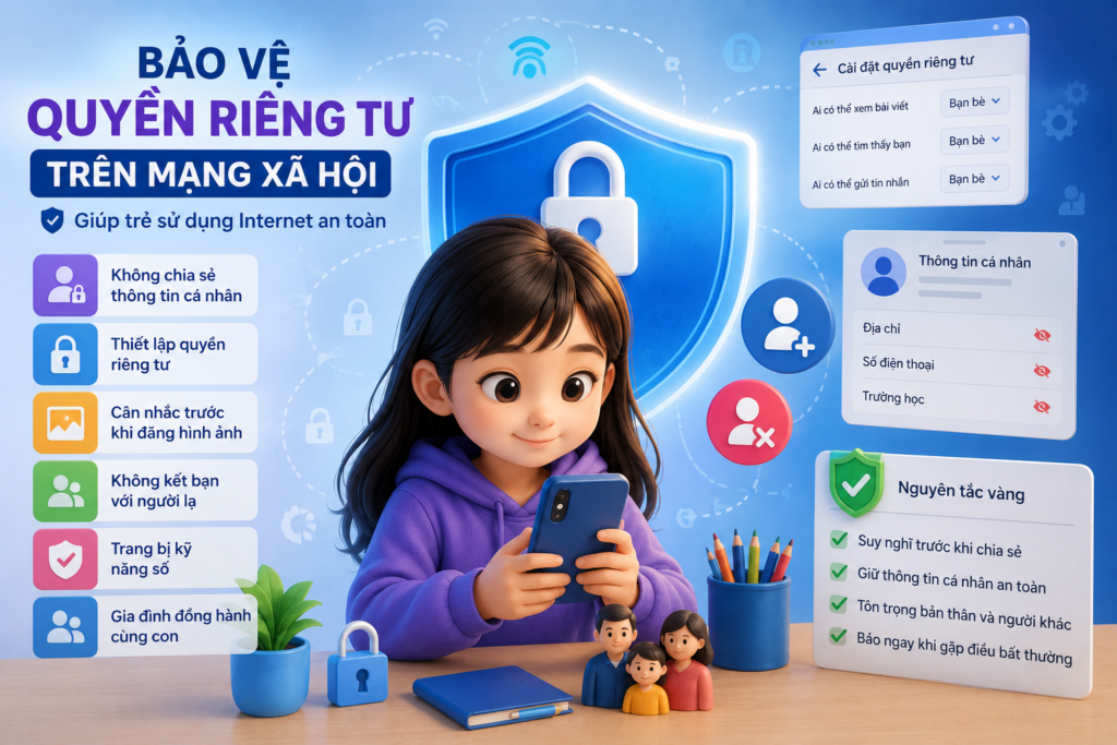 8 cách giúp trẻ bảo vệ quyền riêng tư trên mạng xã hội bằng kỹ năng số, cài đặt bảo mật và sử dụng Internet an toàn.