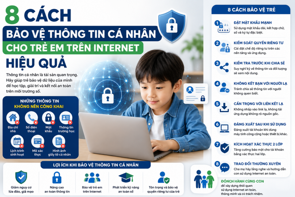 8 cách bảo vệ thông tin cá nhân cho trẻ em giúp nâng cao an toàn thông tin, kỹ năng an toàn số và bảo vệ quyền riêng tư của trẻ trên Internet.