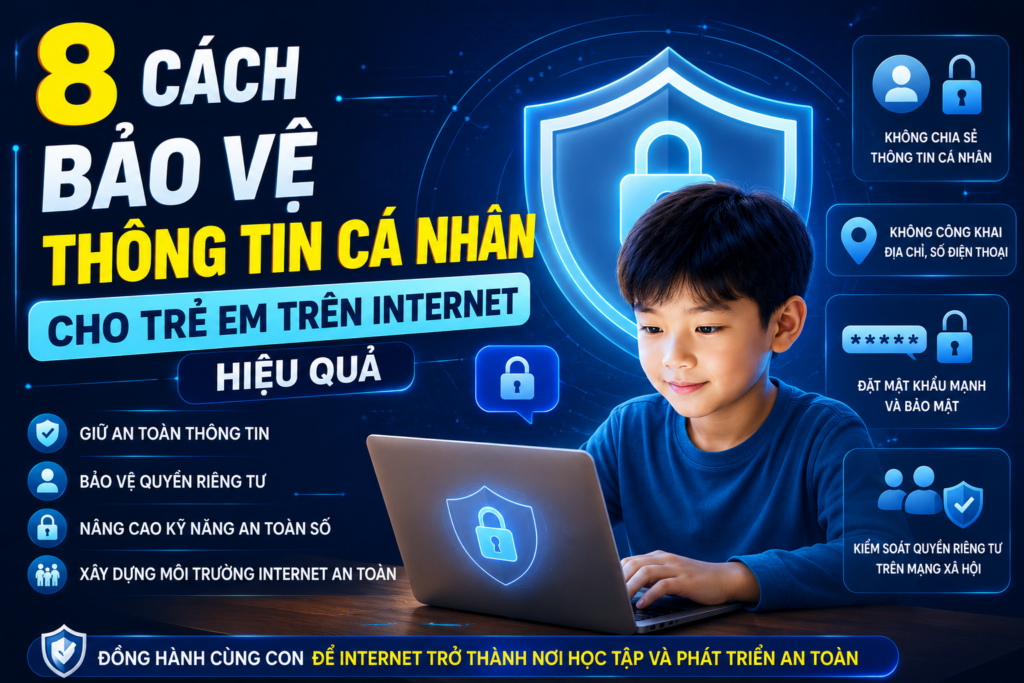 8 cách bảo vệ thông tin cá nhân cho trẻ em trên Internet giúp nâng cao an toàn thông tin, bảo vệ quyền riêng tư và phát triển kỹ năng an toàn số.
