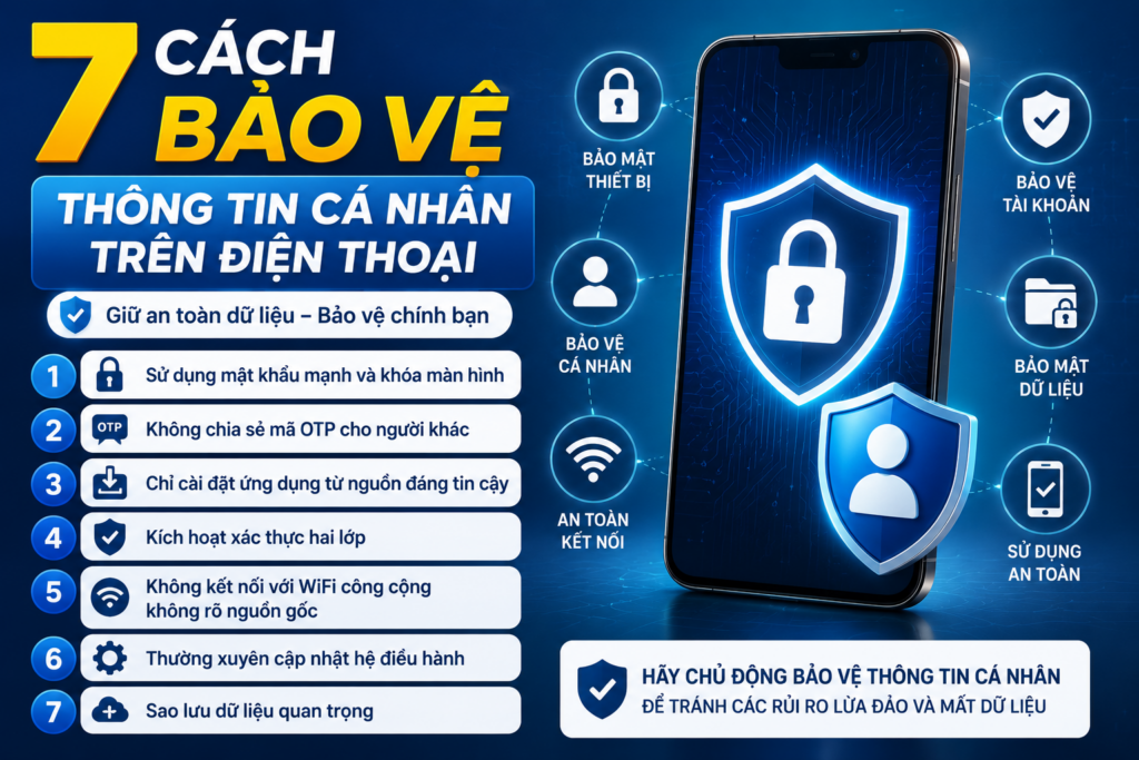 Các cách bảo vệ thông tin cá nhân trên điện thoại bằng mật khẩu mạnh, xác thực hai lớp và bảo mật dữ liệu an toàn.