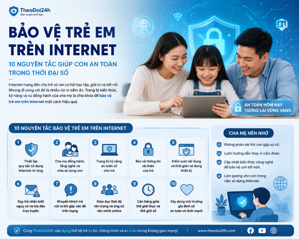 Bảo vệ trẻ em trên Internet với 10 nguyên tắc giúp trẻ sử dụng Internet an toàn, phát triển kỹ năng an toàn số và hạn chế các rủi ro trên môi trường mạng.