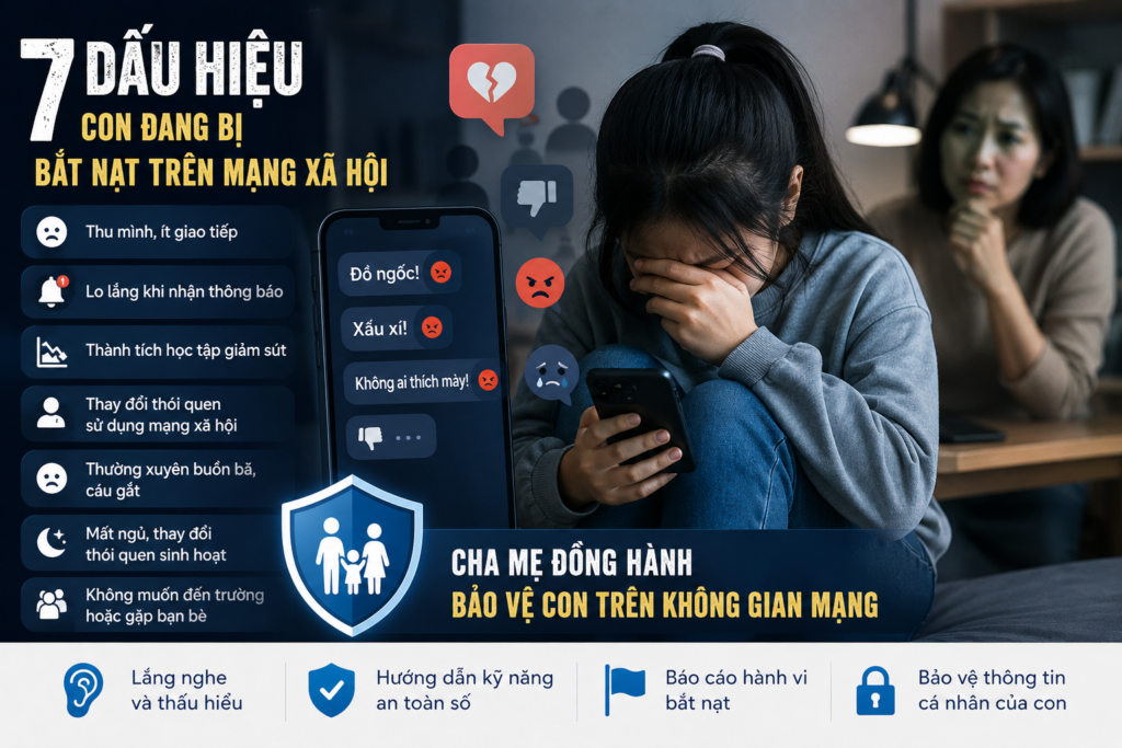 Trẻ em buồn bã khi bị bắt nạt trên mạng xã hội và những dấu hiệu cha mẹ cần nhận biết để bảo vệ con.