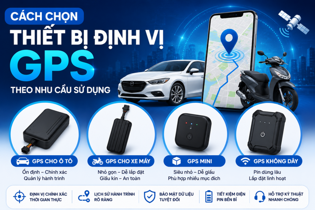 Hình minh họa cách chọn thiết bị định vị GPS theo nhu cầu sử dụng với các dòng GPS cho ô tô, xe máy, GPS mini và GPS không dây, giúp lựa chọn thiết bị phù hợp và quản lý phương tiện hiệu quả.