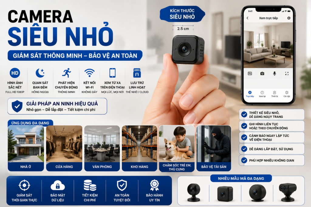 Camera siêu nhỏ hỗ trợ giám sát thông minh, ghi hình Full HD, xem từ xa trên điện thoại, phát hiện chuyển động và bảo vệ an toàn 24/7.