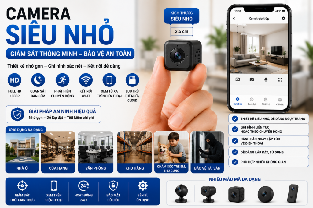 Camera siêu nhỏ ghi hình Full HD, xem từ xa trên điện thoại, phát hiện chuyển động và giám sát an toàn 24/7.