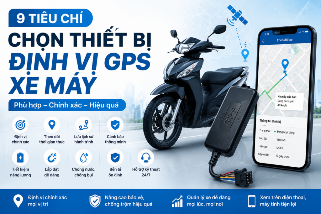 Hình minh họa thiết bị định vị GPS xe máy giúp theo dõi vị trí, lưu lịch sử hành trình và nâng cao khả năng bảo vệ phương tiện.