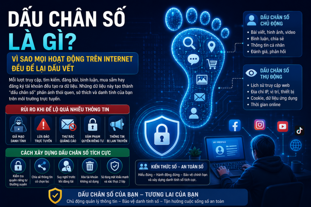 Dấu chân số phản ánh danh tính số của người dùng trên Internet, giúp nâng cao kiến thức số, bảo vệ thông tin cá nhân và tăng cường an toàn số