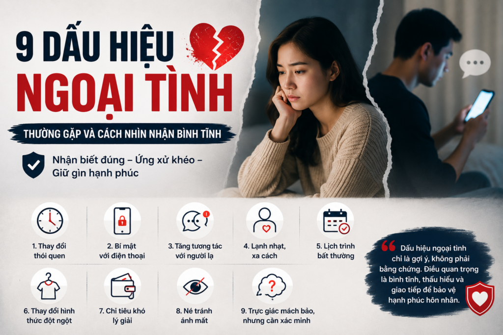 9 dấu hiệu ngoại tình thường gặp giúp nhận biết thay đổi trong hôn nhân một cách khách quan và bình tĩnh.