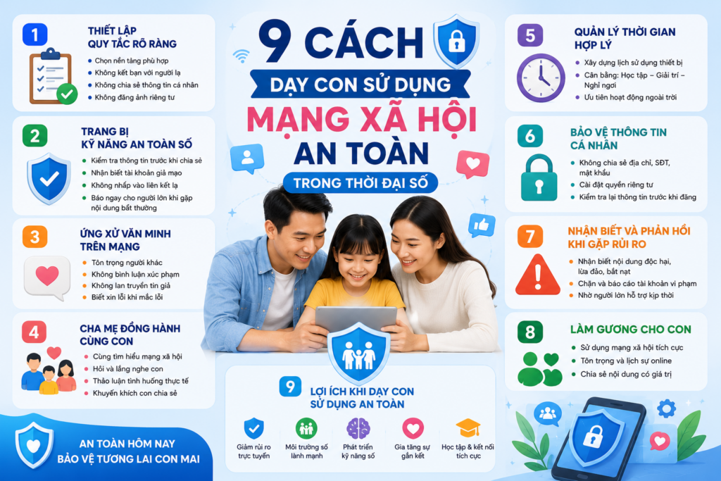 9 cách dạy con sử dụng mạng xã hội an toàn giúp trẻ phát triển kỹ năng an toàn số, sử dụng Internet có trách nhiệm và được cha mẹ đồng hành trong môi trường số.