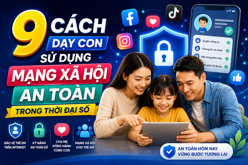 9 cách dạy con sử dụng mạng xã hội an toàn giúp trẻ phát triển kỹ năng an toàn số, sử dụng Internet có trách nhiệm và bảo vệ bản thân trên không gian mạng.