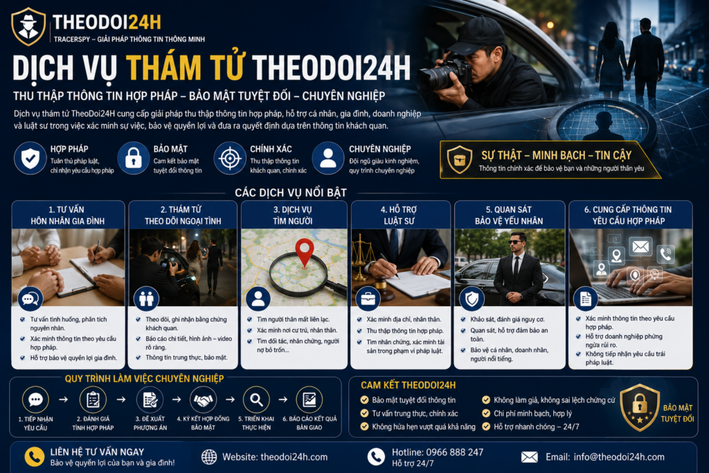 Dịch vụ thám tử TheoDoi24h chuyên tư vấn hôn nhân gia đình, theo dõi ngoại tình, tìm người, hỗ trợ luật sư và cung cấp thông tin theo yêu cầu hợp pháp.