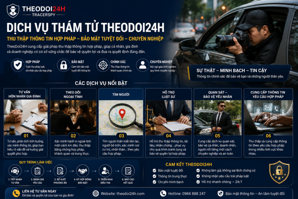 Dịch vụ thám tử TheoDoi24h chuyên tư vấn hôn nhân gia đình, theo dõi ngoại tình, tìm người, hỗ trợ luật sư, quan sát bảo vệ yếu nhân và cung cấp thông tin theo yêu cầu hợp pháp với quy trình bảo mật, chuyên nghiệp.