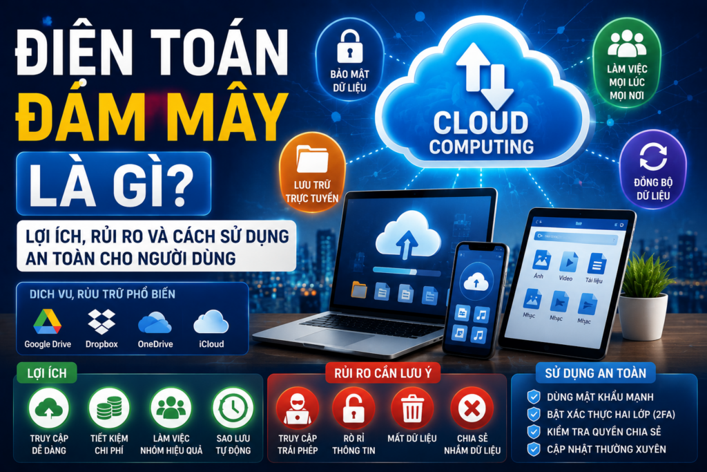Điện toán đám mây giúp lưu trữ đám mây an toàn, bảo mật dữ liệu, đồng bộ thiết bị và nâng cao kiến thức số trong môi trường số.