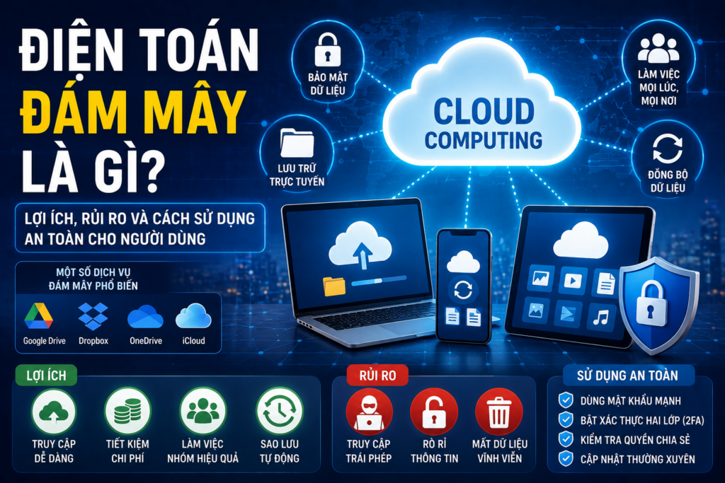 Điện toán đám mây giúp lưu trữ đám mây an toàn, bảo mật dữ liệu, đồng bộ thiết bị và nâng cao kiến thức số trong thời đại công nghệ.