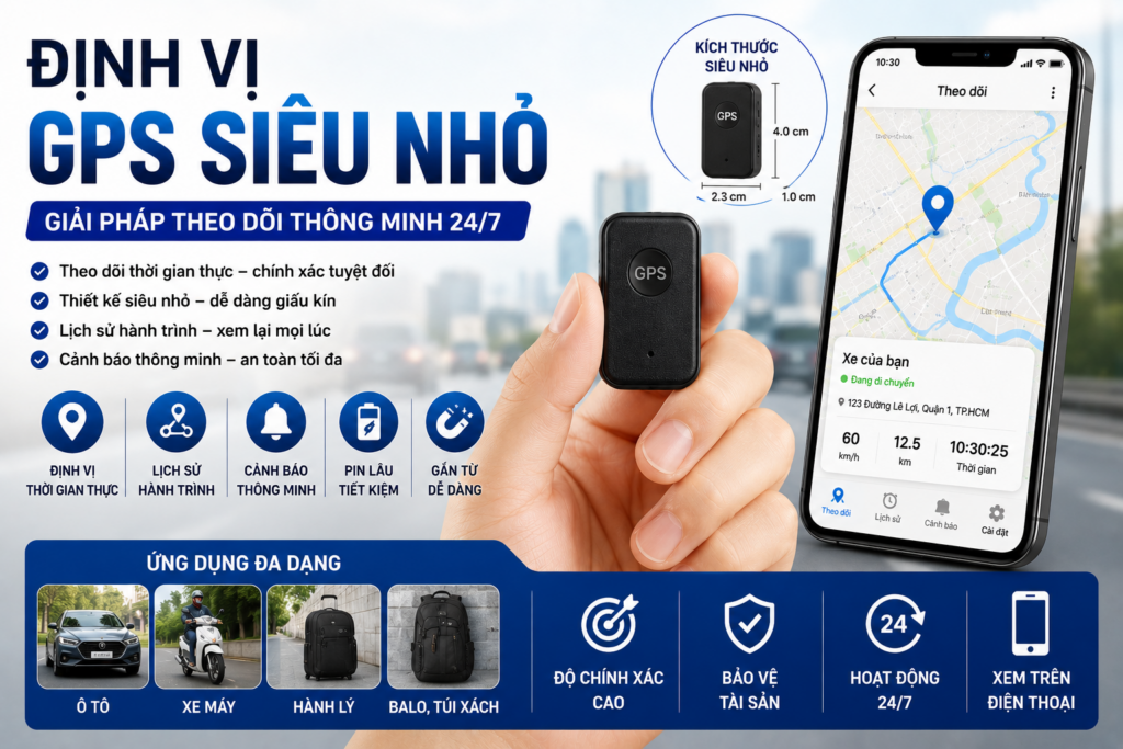 Thiết bị định vị GPS siêu nhỏ hỗ trợ theo dõi thời gian thực, quản lý hành trình và bảo vệ tài sản 24/7.