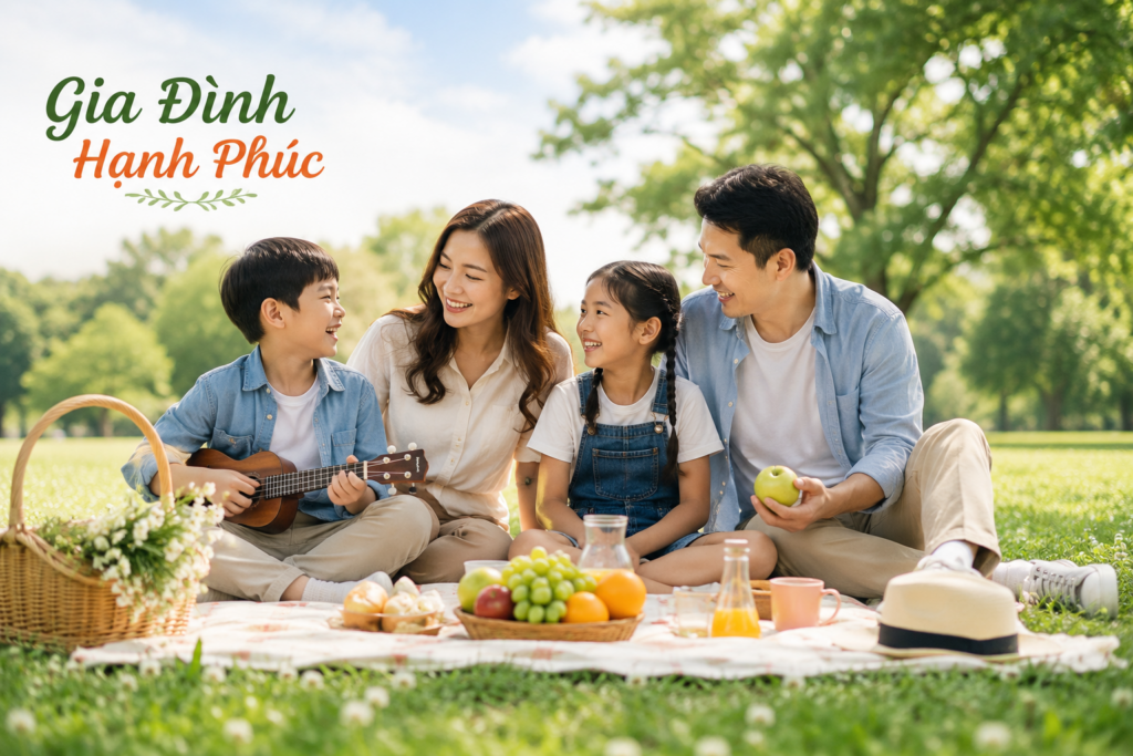 Gia đình hạnh phúc cùng đạp xe trong công viên, tận hưởng thời gian vui vẻ và gắn kết bên nhau.
