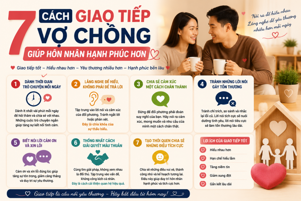 7 cách giao tiếp vợ chồng giúp tăng sự thấu hiểu, giảm mâu thuẫn và xây dựng hôn nhân hạnh phúc.