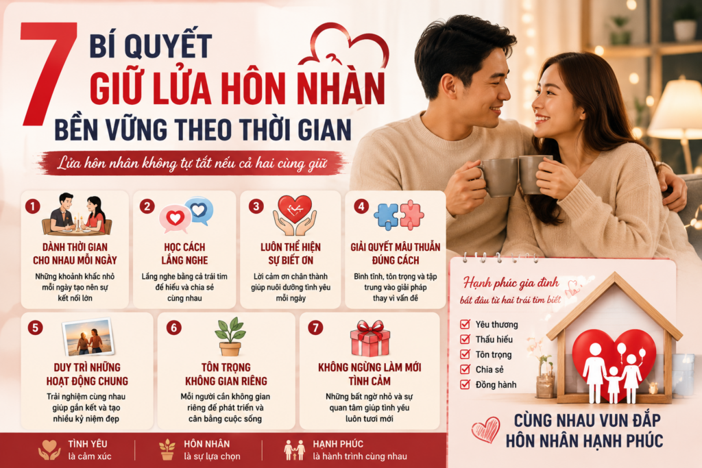 7 bí quyết giữ lửa hôn nhân giúp vợ chồng gắn kết, xây dựng hạnh phúc gia đình và hôn nhân bền vững.