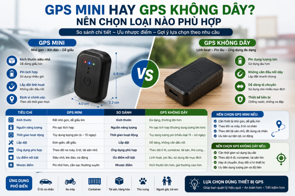 Hình minh họa so sánh GPS mini và GPS không dây, thể hiện sự khác biệt về kích thước, thời lượng pin, cách lắp đặt, tính linh hoạt và các nhu cầu sử dụng phù hợp.