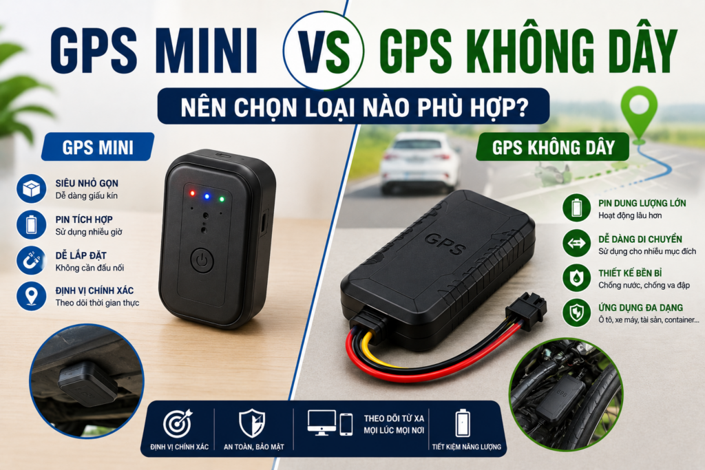Hình đại diện so sánh GPS mini và GPS không dây, minh họa sự khác biệt về kích thước, thời lượng pin, tính linh hoạt và các ứng dụng thực tế.