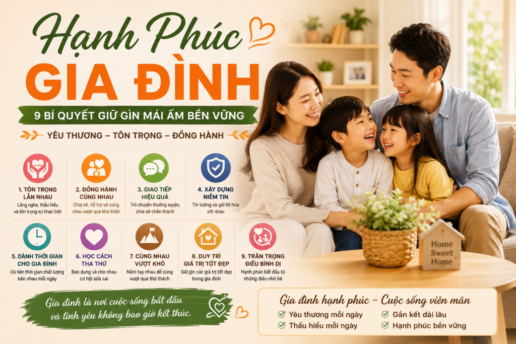 Hạnh phúc gia đình được xây dựng từ yêu thương, tôn trọng, đồng hành và niềm tin giữa các thành viên.
