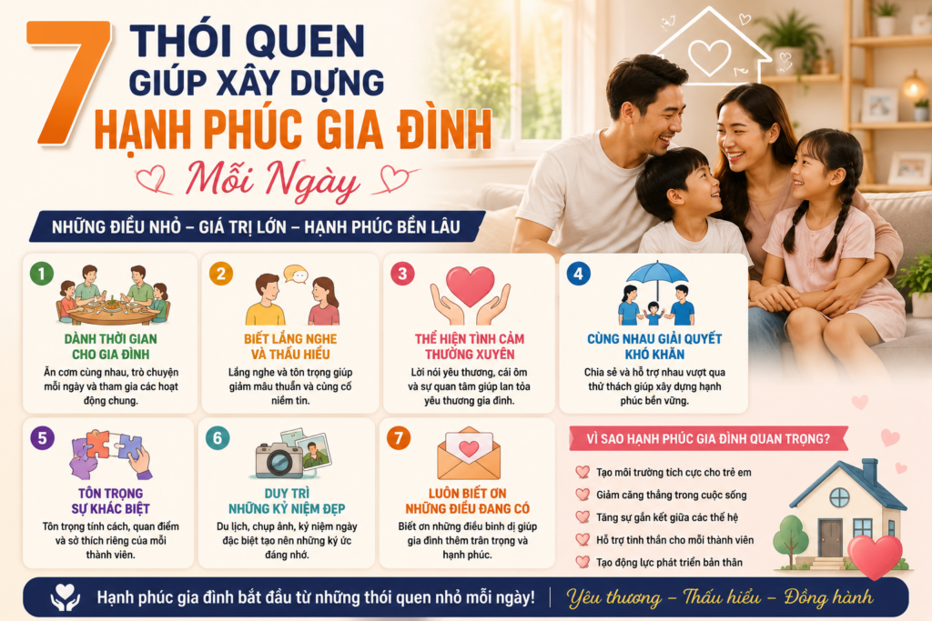 7 thói quen giúp xây dựng hạnh phúc gia đình mỗi ngày và tăng sự gắn kết giữa các thành viên.