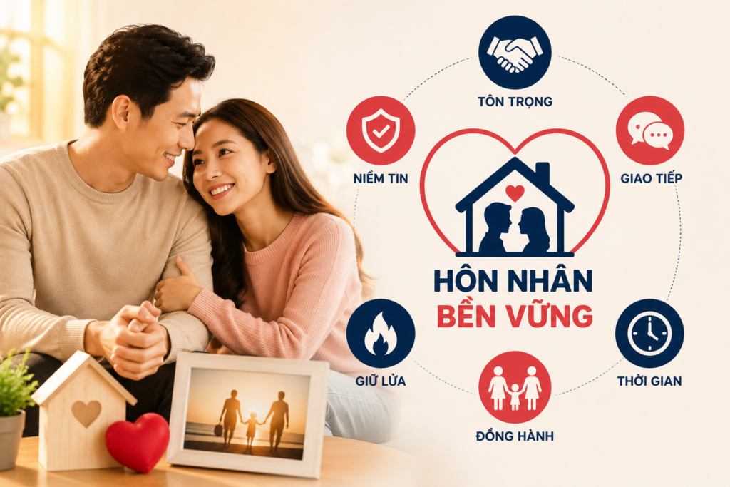 Hôn nhân bền vững được xây dựng từ niềm tin, giao tiếp, tôn trọng và sự đồng hành của vợ chồng
