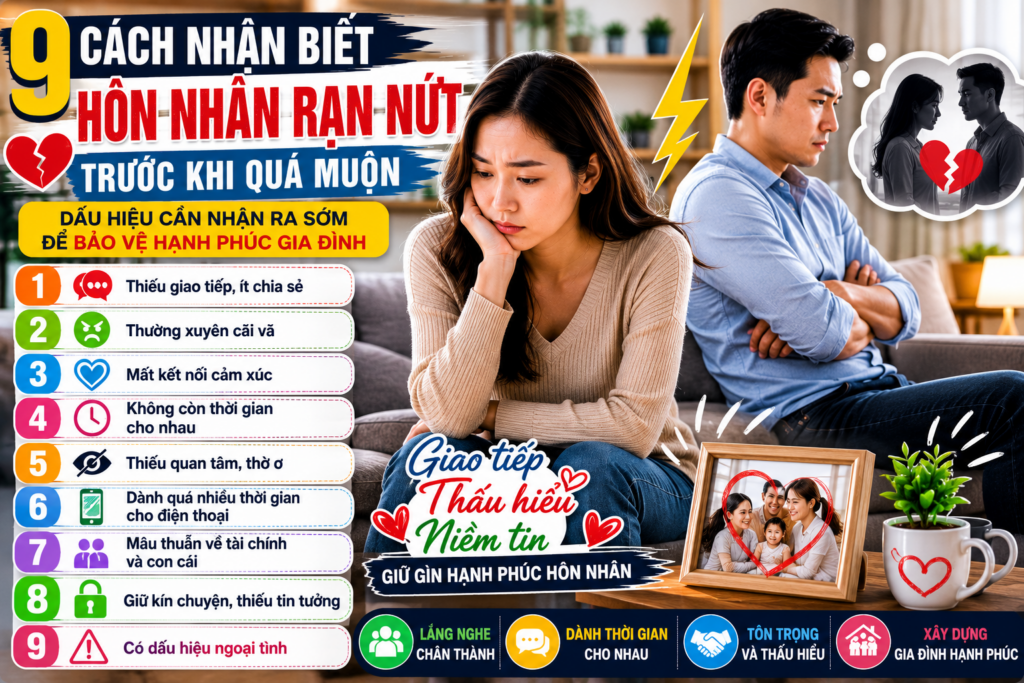 9 cách nhận biết hôn nhân rạn nứt trước khi quá muộn với các dấu hiệu giúp vợ chồng cải thiện giao tiếp, hàn gắn mâu thuẫn và bảo vệ hạnh phúc gia đình.