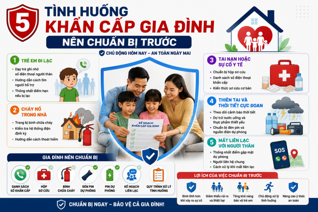 Các tình huống khẩn cấp gia đình thường gặp và những vật dụng cần chuẩn bị để bảo vệ người thân.