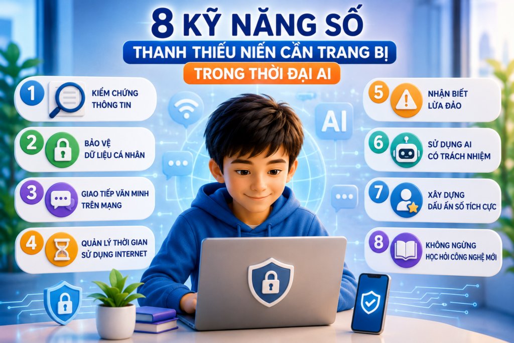 8 kỹ năng số cho thanh thiếu niên trong thời đại AI giúp nâng cao an toàn số, kỹ năng sử dụng Internet và phát triển tư duy của công dân số.