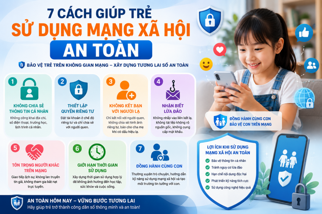Mạng xã hội an toàn cho trẻ em với các nguyên tắc bảo vệ thông tin cá nhân và phòng tránh rủi ro trực tuyến.