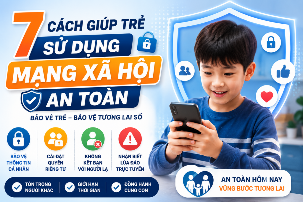 Mạng xã hội an toàn cho trẻ em với các biện pháp bảo vệ thông tin cá nhân và phòng tránh rủi ro trực tuyến.