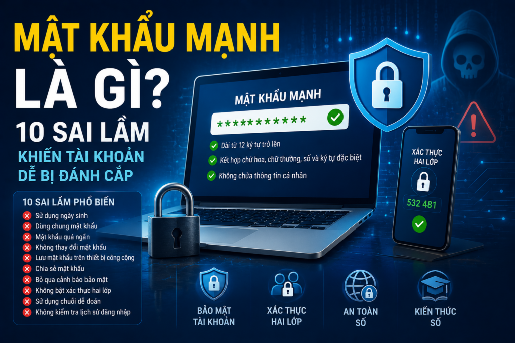 Mật khẩu mạnh giúp bảo mật tài khoản hiệu quả, kết hợp xác thực hai lớp để tăng cường an toàn số và nâng cao kiến thức số khi sử dụng Internet.