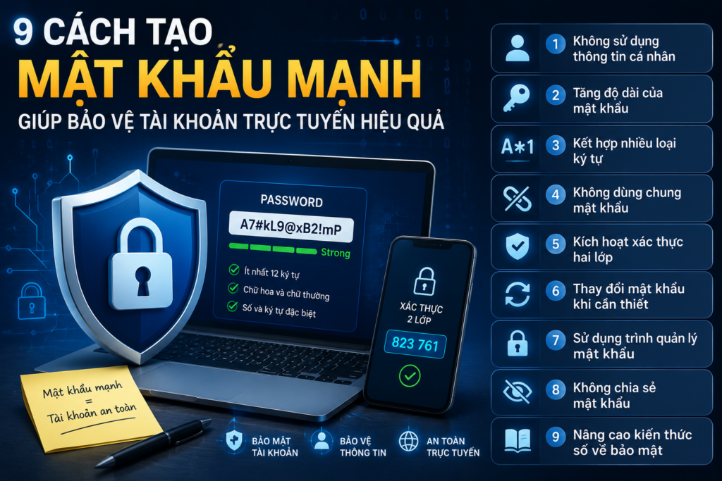 9 cách tạo mật khẩu mạnh giúp bảo vệ tài khoản trực tuyến, tăng cường bảo mật tài khoản và an toàn số.