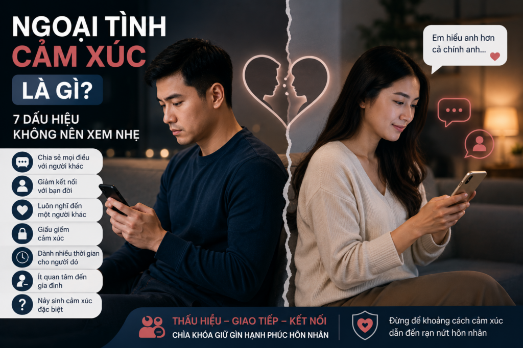 Ngoại tình cảm xúc khiến vợ chồng dần xa cách, giảm kết nối và ảnh hưởng đến hạnh phúc hôn nhân.