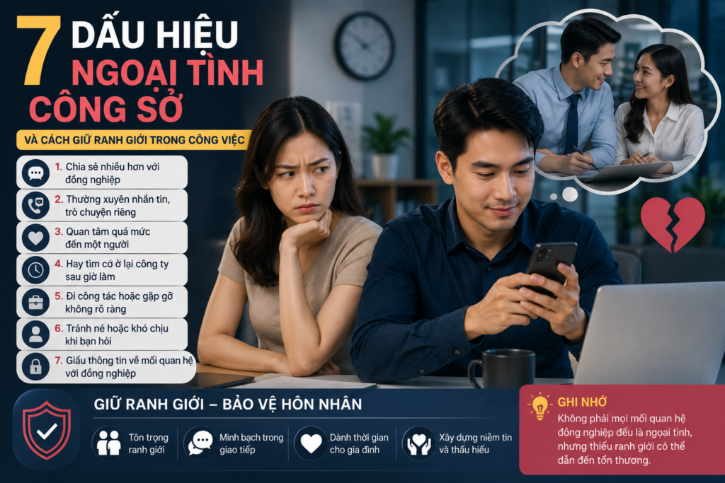 Ngoại tình công sở với những dấu hiệu trong mối quan hệ đồng nghiệp và cách giữ ranh giới để bảo vệ hạnh phúc hôn nhân.
