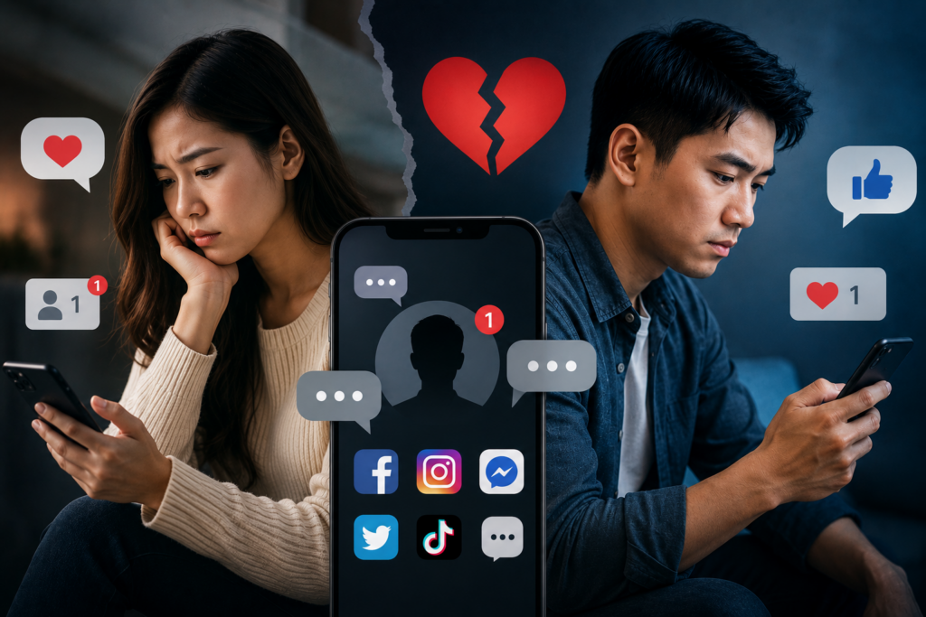Ngoại tình qua mạng xã hội với những thay đổi trong tương tác trực tuyến và mối quan hệ trên các nền tảng số.
