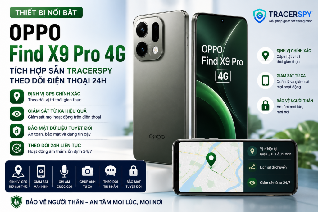 OPPO Find X9 Pro 4G tích hợp sẵn phần mềm theo dõi điện thoại 24h Tracerspy với tính năng định vị GPS, giám sát từ xa và bảo vệ người thân.