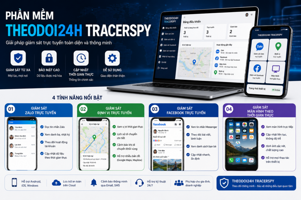 Phần mềm TheoDoi24h Tracerspy hỗ trợ giám sát Zalo trực tuyến, giám sát định vị GPS trực tuyến, giám sát Facebook trực tuyến và giám sát màn hình theo thời gian thực trên giao diện quản lý hiện đại.