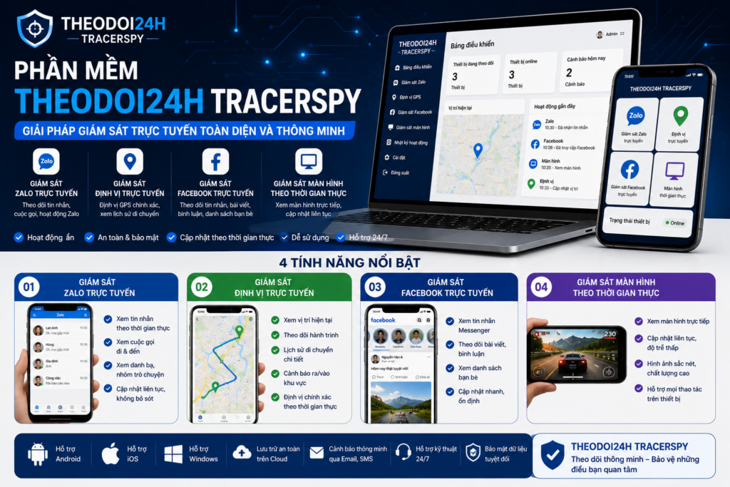 Phần mềm TheoDoi24h Tracerspy hỗ trợ giám sát Zalo trực tuyến, giám sát định vị GPS trực tuyến, giám sát Facebook trực tuyến và giám sát màn hình theo thời gian thực.